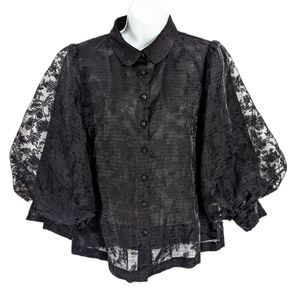 CHAMBRE de S Black blouse with baloon puff sheer sleeves size Medium @y